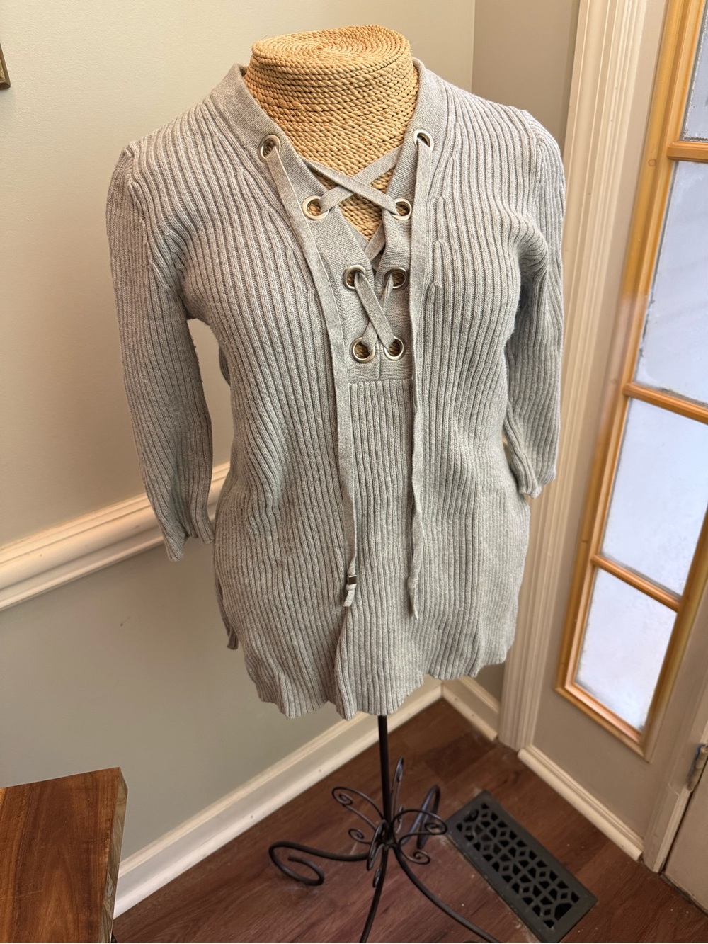 Michael Kors Light Gray Ribbed Lace-Up V-Neck Sweater
